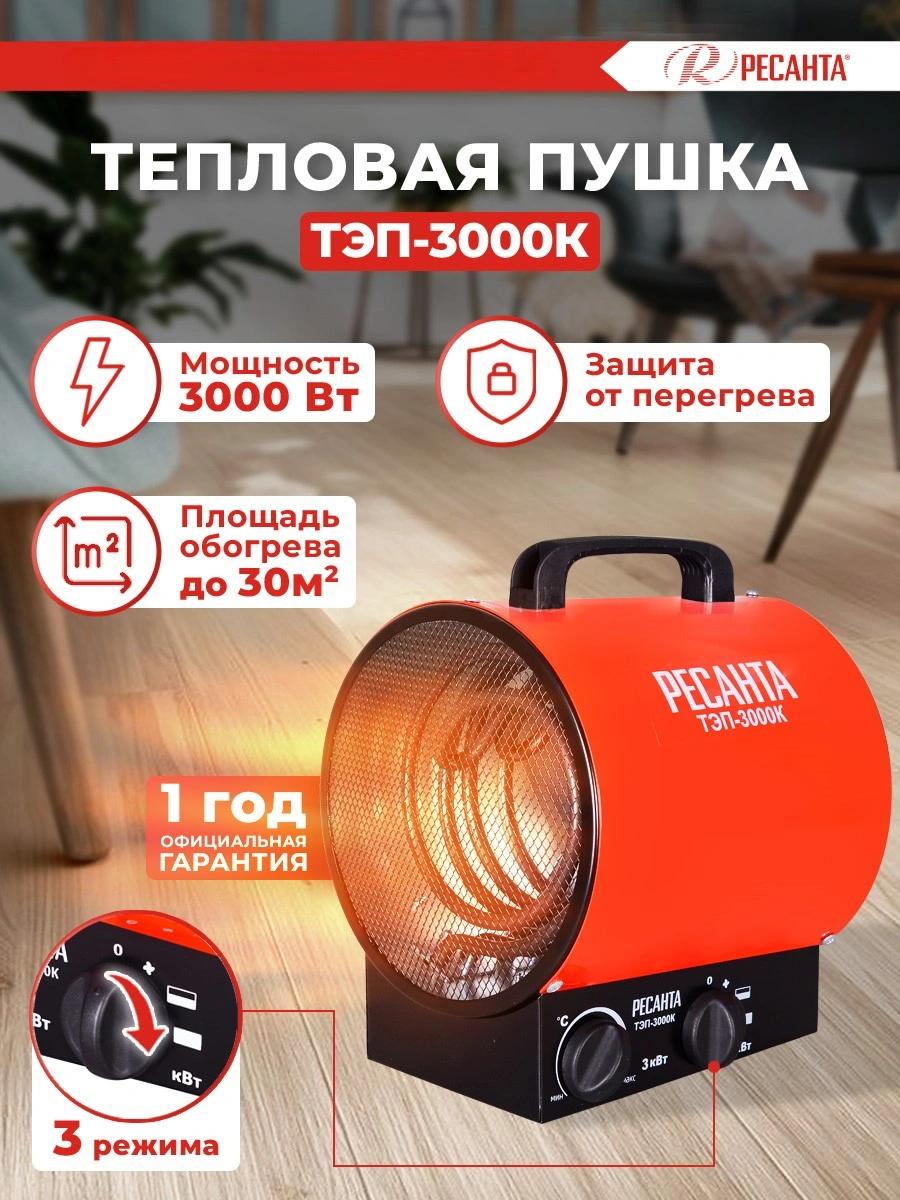 Тепловая пушка электрическая Ресанта ТЭП-3000К 3000Вт красный
