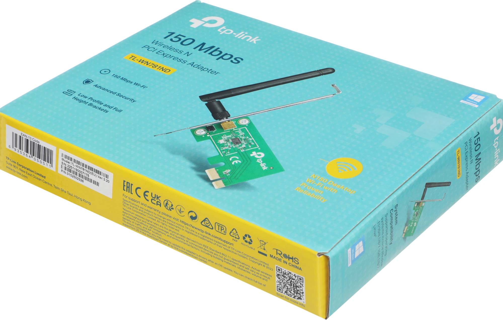Сетевой адаптер Wi-Fi TP-Link TL-WN781ND N150 PCI Express (ант.внеш.съем) 1ант.