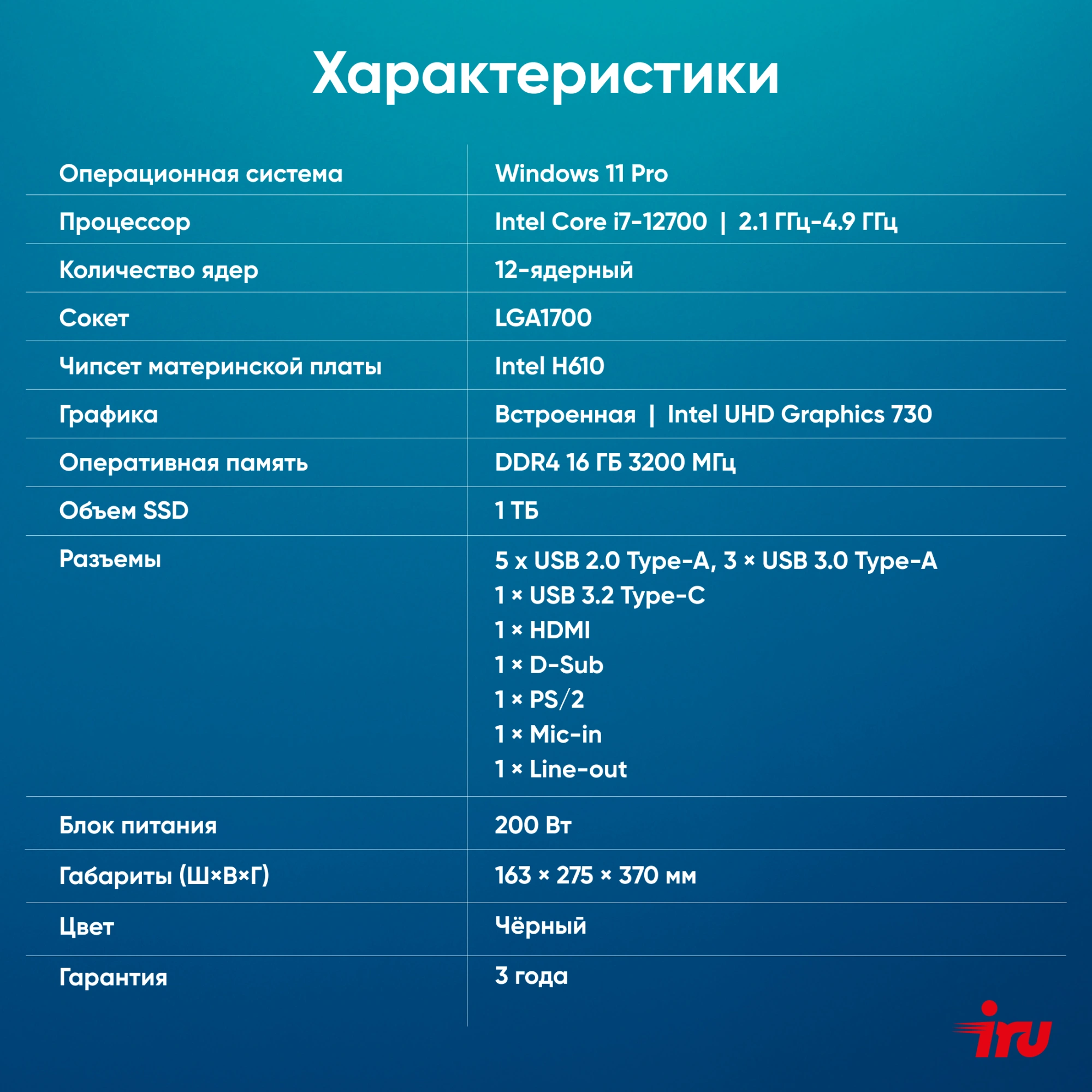 ПК IRU 310SC MT i7 12700 (2.1) 16Gb SSD1Tb UHDG 770 Windows 11 Pro GbitEth 200W черный (1969074)