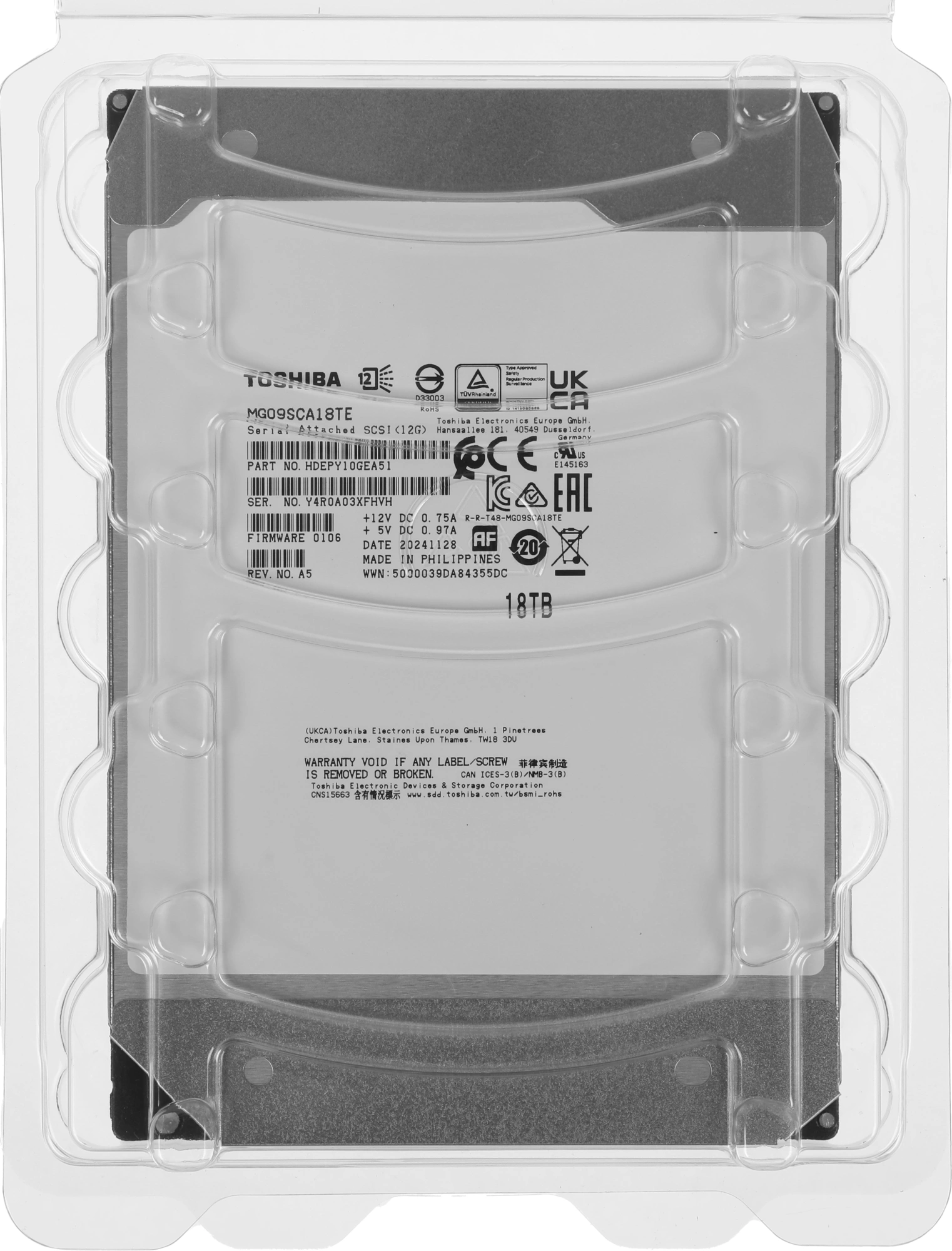Жесткий диск Toshiba SAS 3.0 18TB MG09SCA18TE Server Enterprise Capacity 512E (7200rpm) 512Mb 3.5" Bulk