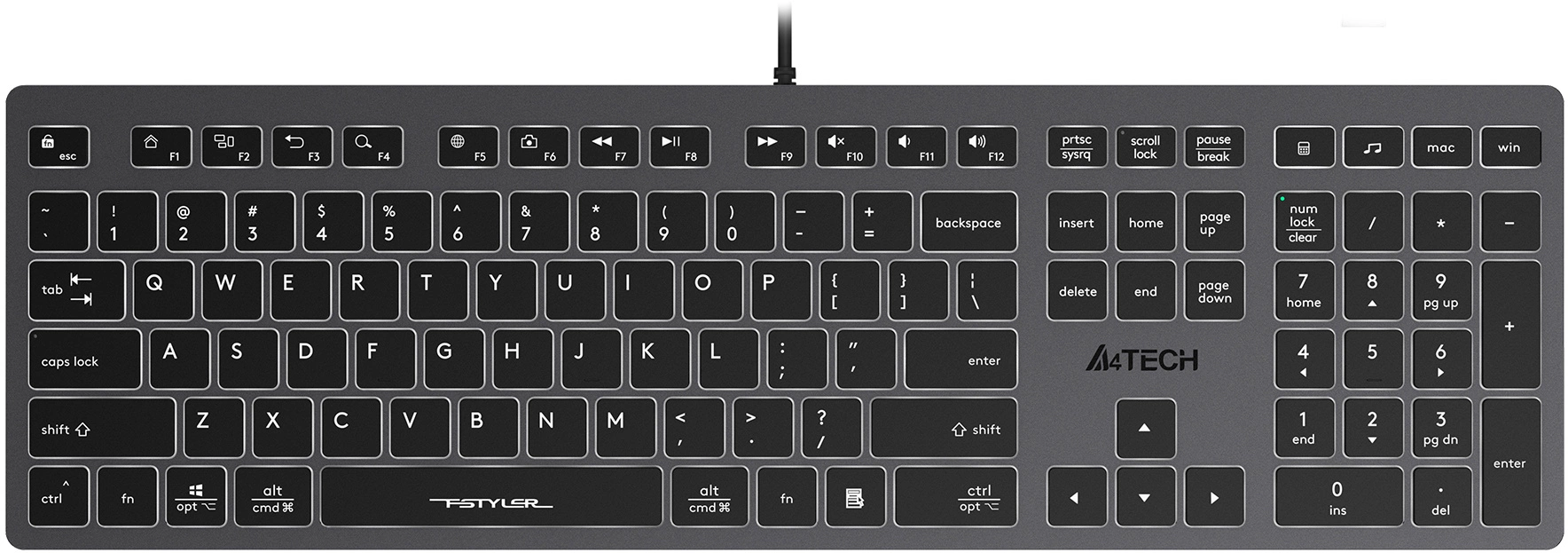 Клавиатура A4Tech FX60H серый USB slim LED (FX60H GREY/WHITE) кабель 1.5м
