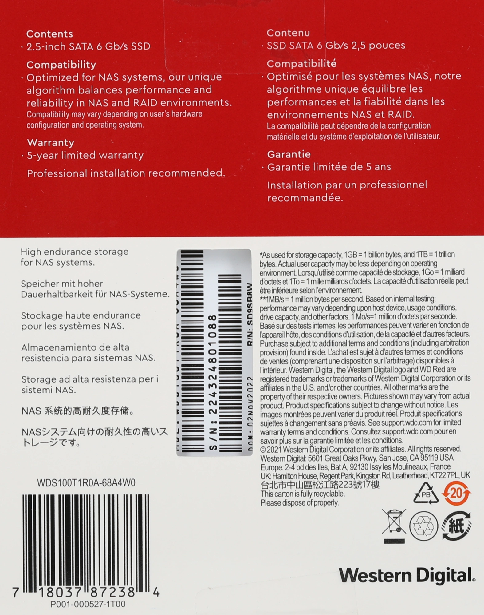 Накопитель SSD WD SATA-III 1TB WDS100T1R0A Red SA500 2.5"