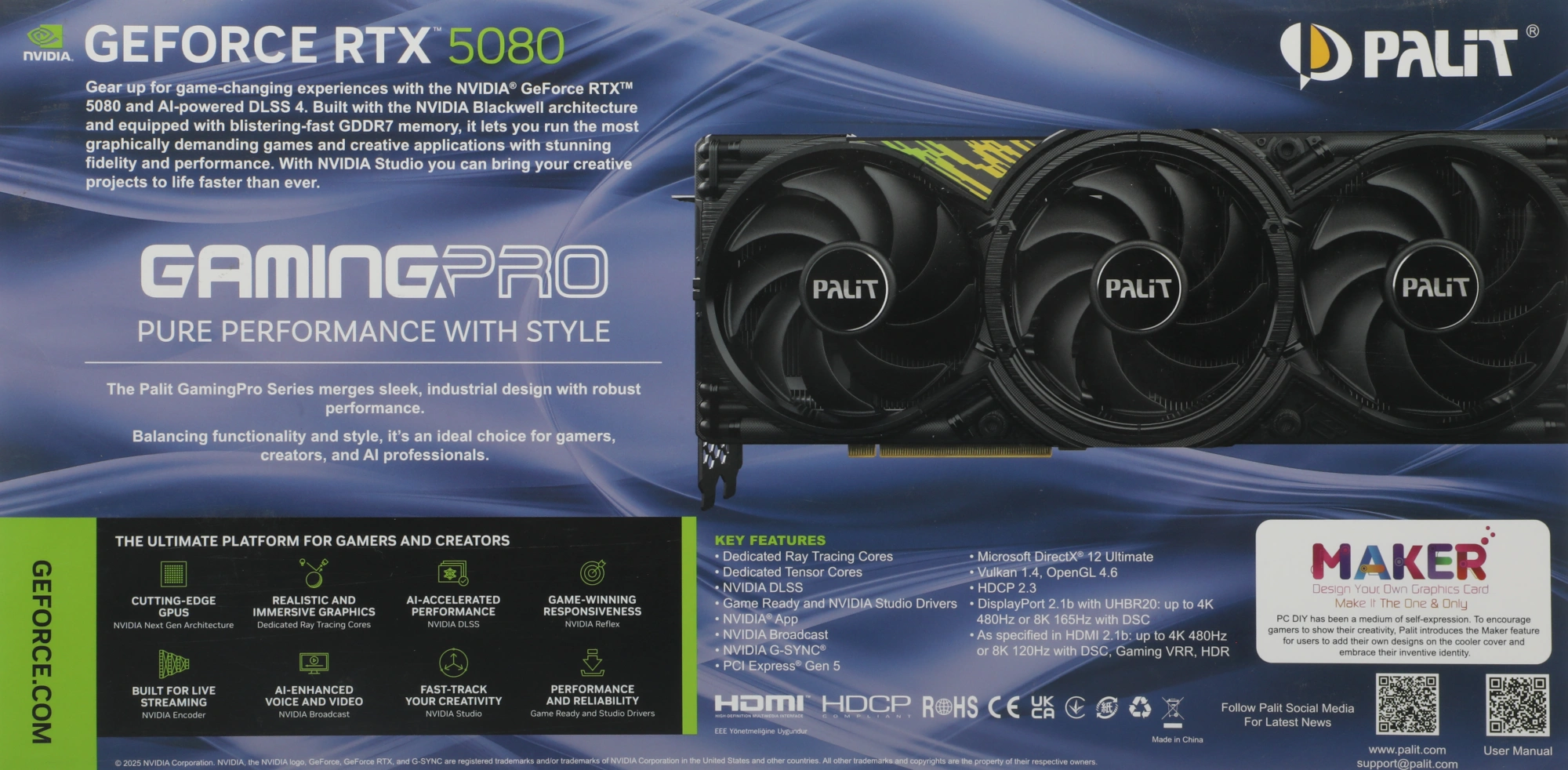 Видеокарта Palit PCI-E 5.0 PA-RTX5080 GAMINGPRO OC NVIDIA GeForce RTX 5080 16Gb 256bit GDDR7 2295/30000 HDMIx1 DPx3 HDCP Ret