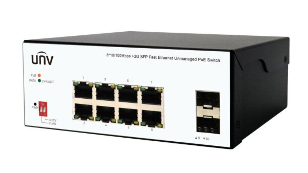 ISW2000-8T2GP-POE-IN - неуправляемый коммутатор, 8 сетевых PoE порта х 100Mbps (RJ45)+2 х 1000Mbps Fiber(SFP) порта, VLAN, ¶IEEE802.3, IEEE802.3u, IEEE802.3z, IEEE802.3ab, IEEE802.3x, IEEE802.3af, IEEE802.3at, коммутационная способность 5.6Gbps