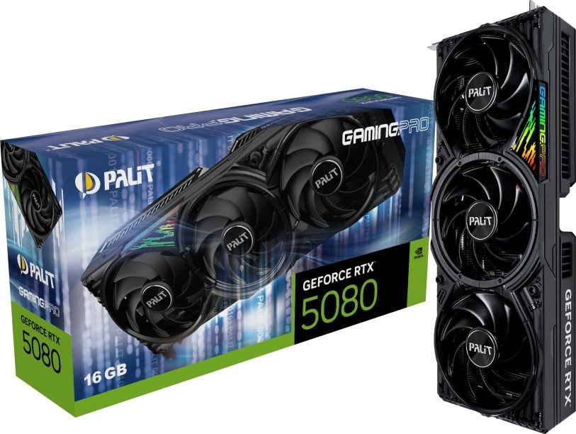 Видеокарта Palit PCI-E 5.0 PA-RTX5080 GAMINGPRO NVIDIA GeForce RTX 5080 16Gb 256bit GDDR7 2295/30000 HDMIx1 DPx3 HDCP Ret