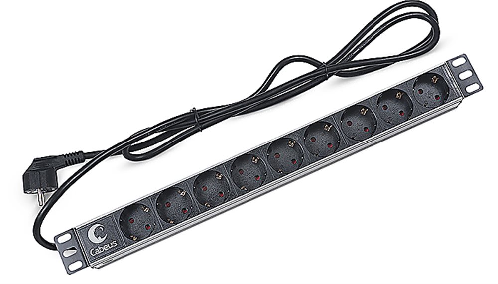 Cabeus PDU-9P-2EU - Блок евророзеток для 19" шкафов, горизонтальный, 9 розеток, 16 a, без выключателя, шнур 2м, алюминиевый корпус, немецкий стандарт