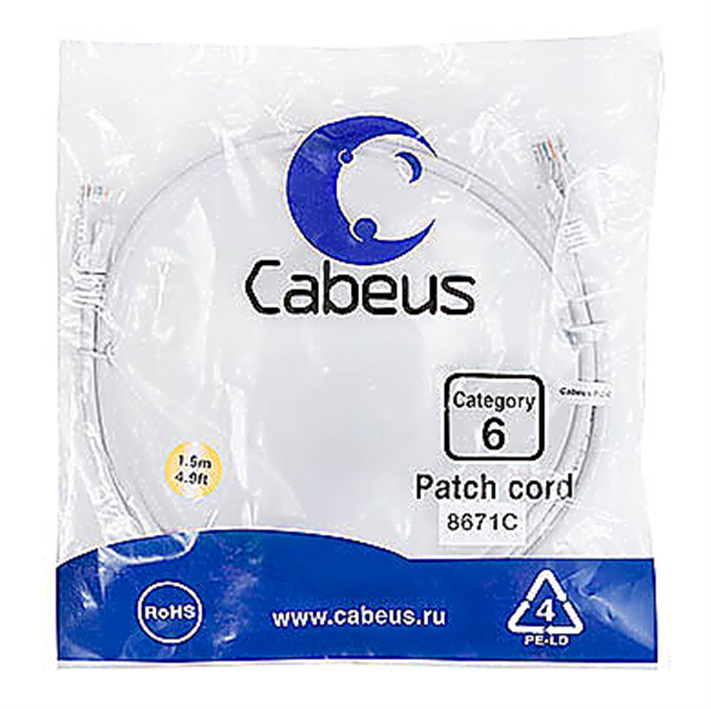 Cabeus PC-UTP-RJ45-Cat.6-1.5m-WH - Патч-корд U/UTP, категория 6, 2xRJ45/8p8c, неэкранированный, белый, PVC, 1.5м