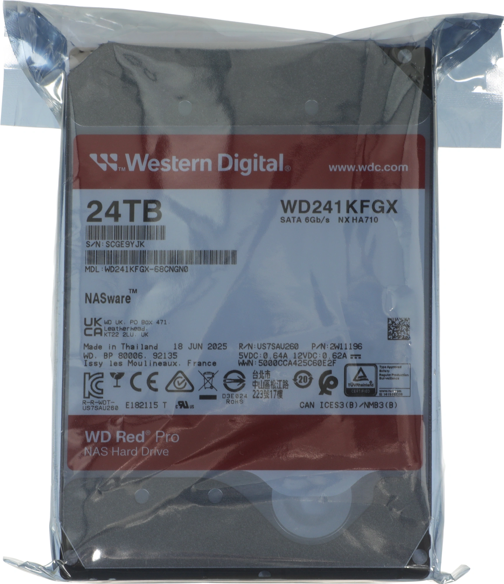 Жесткий диск WD SATA-III 24TB WD241KFGX NAS Red Pro (7200rpm) 512Mb 3.5"