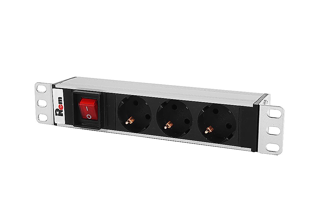 R-10-3S-V-220-Z - Блок розеток Rem-10 без шнура с выкл., 3 Sсhuko, вход IEC 60320 C14, 10 A, алюм., 10"