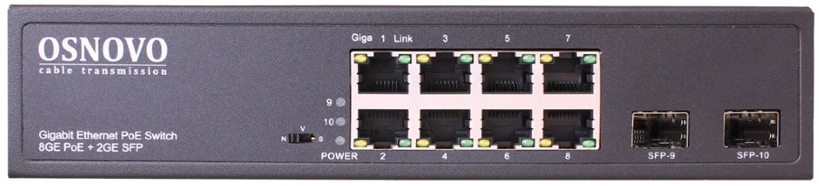 Коммутатор Osnovo SW-80802(150W) 7x1Гбит/с 2x10Гбит/с 8PoE 150W неуправляемый