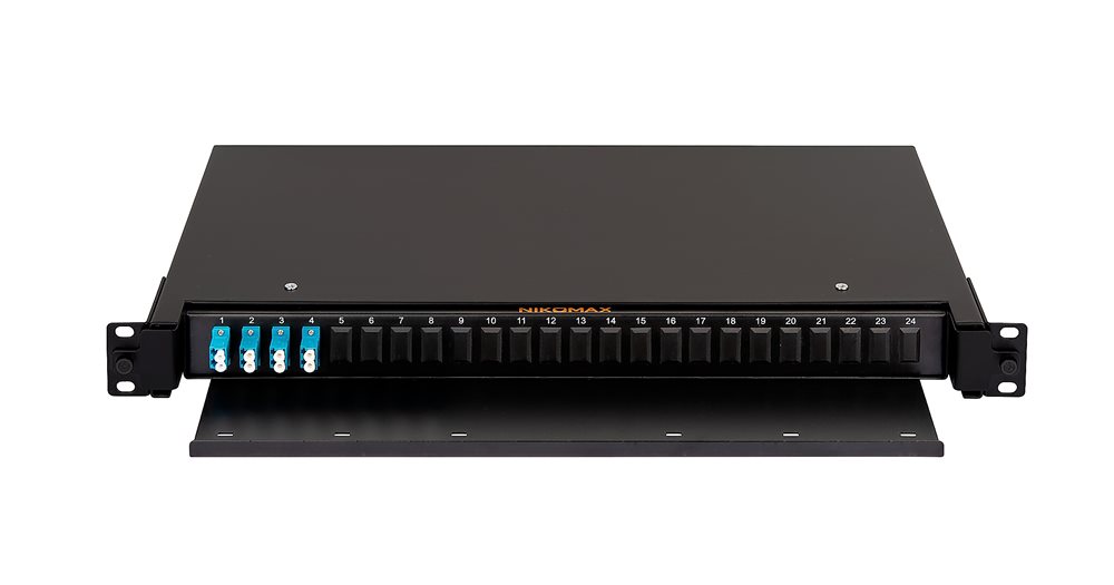 NMF-RP08LCUS2-TS-P1-1U-BK Кросс 19" NIKOMAX Premium Line, 1U, укомплектованный на 8 портов LC/UPC (4 двойных LC/UPC адаптера) SM9/125 OS2, выдвижной, черный