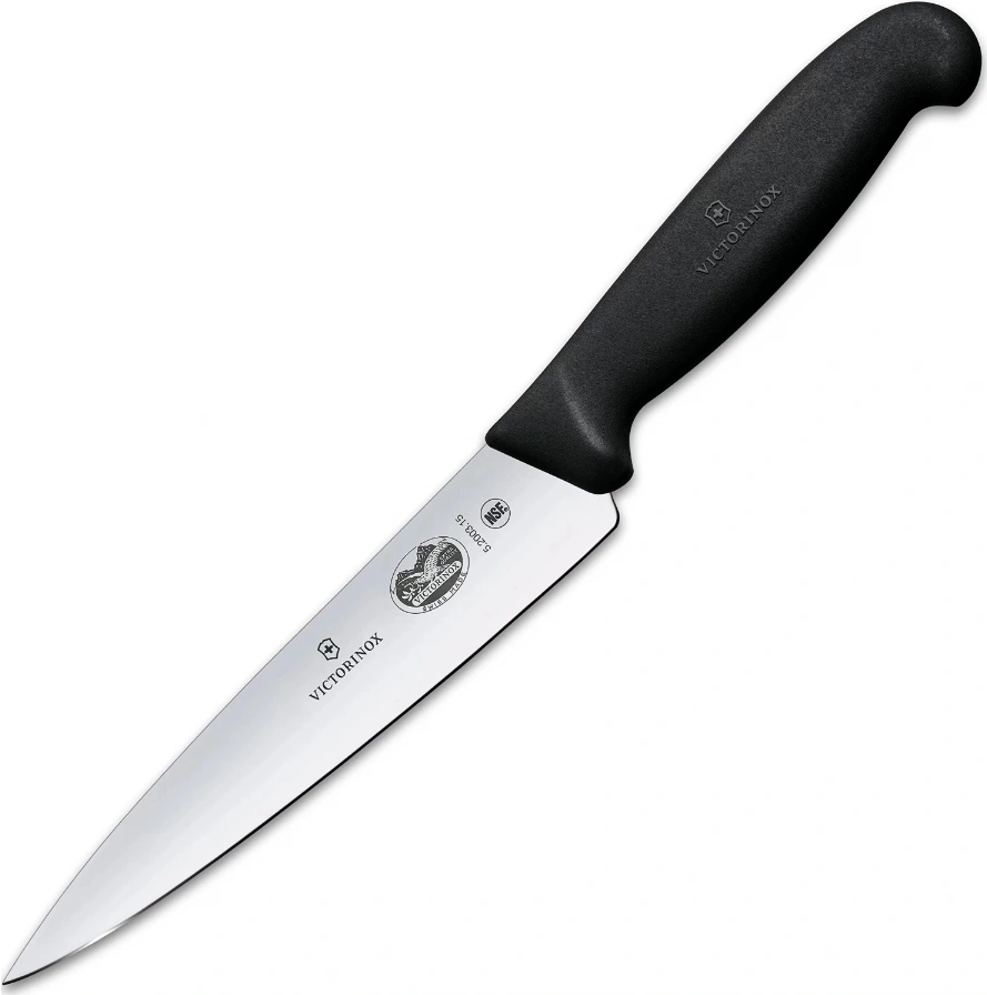 Нож кухонный Victorinox Fibrox (5.2003.15) стальной разделочный лезв.150мм прямая заточка черный блистер