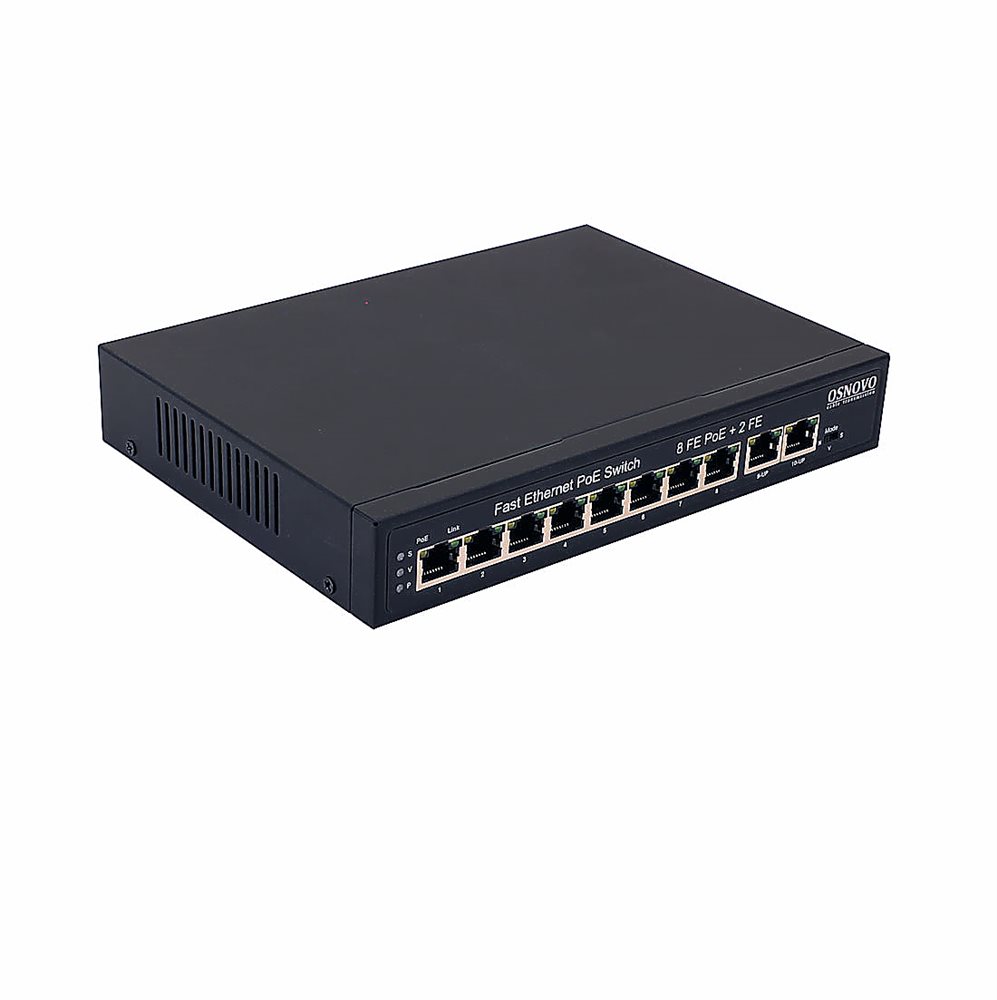 OSNOVO SW-21000(120W) - PoE коммутатор Fast Ethernet на 10 RJ45 портов. Порты: 8 x FE (10/100 Base-T) с поддержкой PoE (IEEE 802.3af/at), 2 x FE (10/100 Base-T). Соответствует стандартам PoE IEEE 802.3af/at.