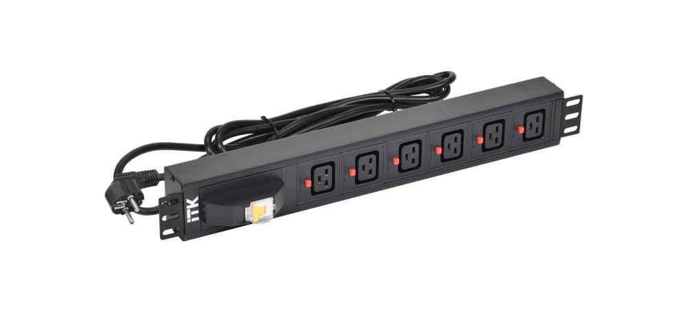 PH21-06C19-11 - ITK Блок розеток PDU 6 C19 с фиксатором вилки с автоматом на 16А 1,5U кабель 3м вилка немецкий стандарт алюминиевый профиль черный