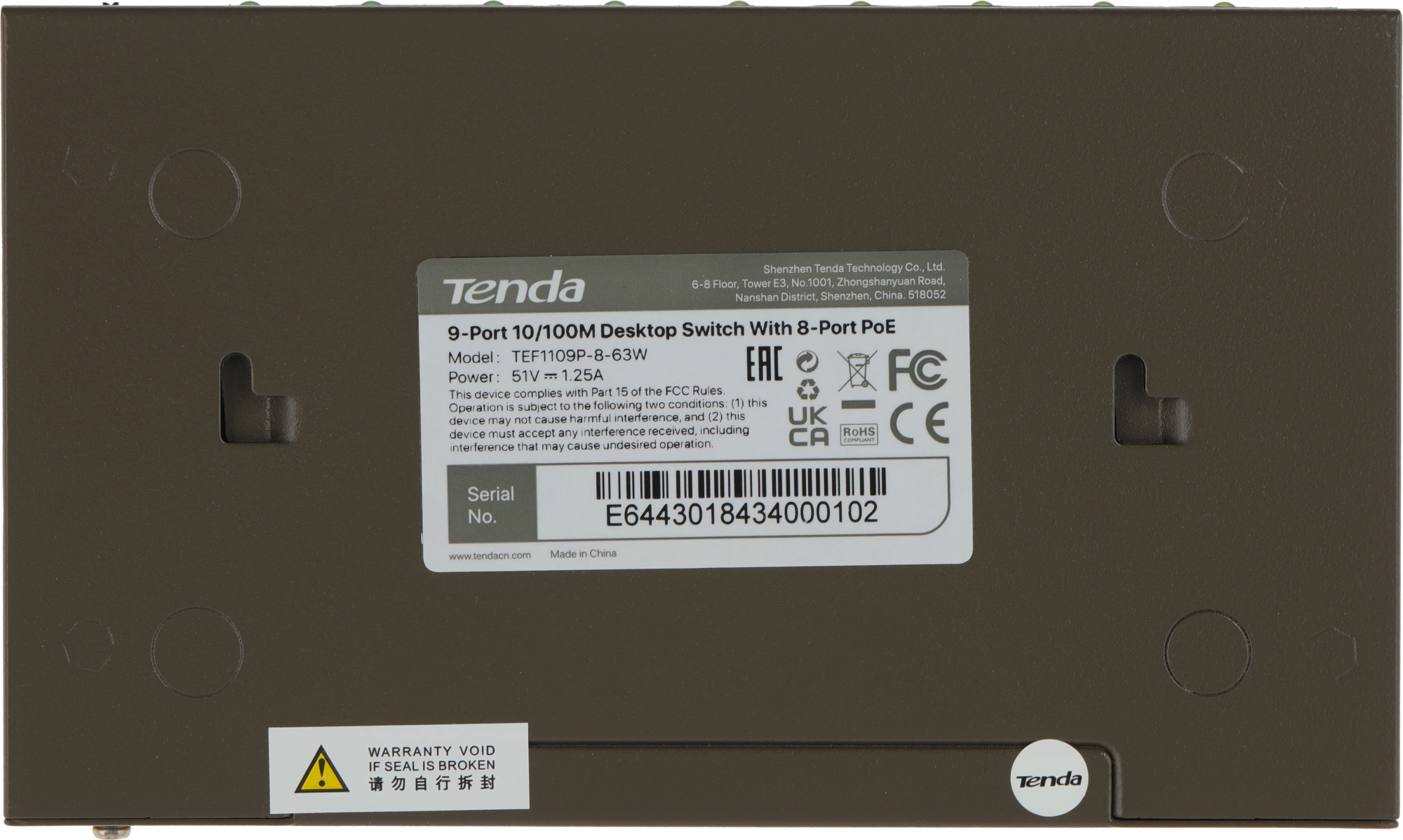 Коммутатор Tenda TEF1109P-8-63W 9x100Мбит/с 8PoE 58W неуправляемый