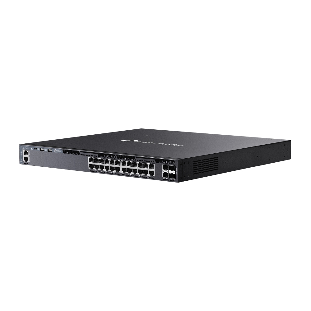 SG6428XHP - Omada 24-портовый гигабитный управляемый стекируемый PoE+ коммутатор L3 с 4 слотами 10G SFP+. Порты: 24 х гигабитных порта RJ45 PoE+, 4 х слота 10G SFP+, консольный порт RJ45/USB Type-C, Management-порт, 2 х порта USB 2.0, TP-link