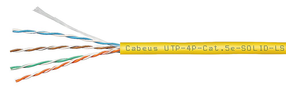Cabeus UTP-4P-Cat.5e-SOLID-LSZH-YL - Кабель витая пара UTP (U/UTP), категория 5e, 4 пары (24 AWG), одножильный, желтый, LSZH (Low Smoke Zero Halogen) (305 м), системная гарантия 25 лет.