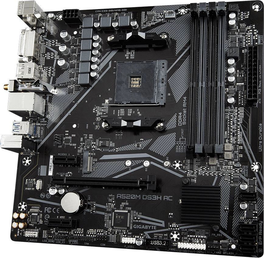 Материнская плата Gigabyte A520M DS3H AC Soc-AM4 AMD A520 4xDDR4 mATX AC`97 8ch(7.1) GbLAN RAID+HDMI+DP