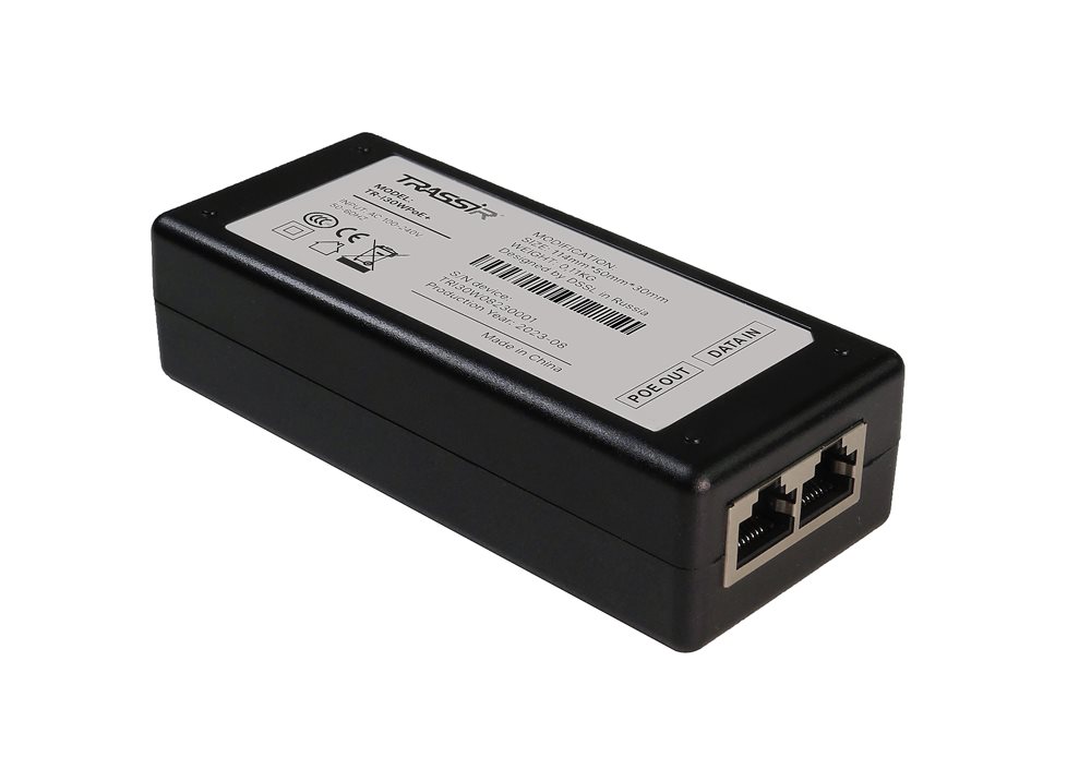TR-I30WPoE+ POE-инжектор TRASSIR. Вход: 100-240В 50/60Гц . Мощность POE на порт 30Вт. Общий бюджет 65Вт. Порты: 1*RJ45*10/100/1000M Data IN, 1*RJ45*10/100/1000M PoE OUT. Предназначен для питания устройств по протоколам IEEE 802.3af/at. Функция автоматичес