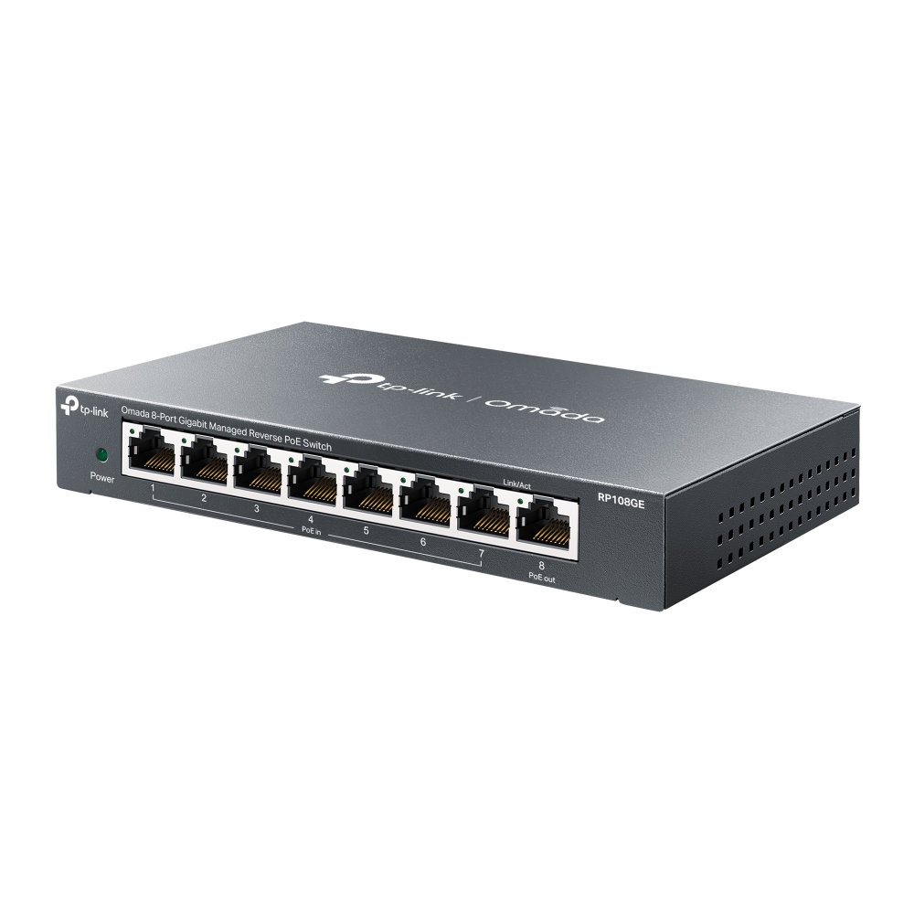 RP108GE - Omada 8-портовый управляемый гигабитный коммутатор с обратным PoE. Порты: 7 х гигабитных портов с PoE-In, 1 х гигабитный порт с выходным питанием Passive PoE, 1 х порт с выходным напряжением 5 В / 12 В постоянного тока, TP-link