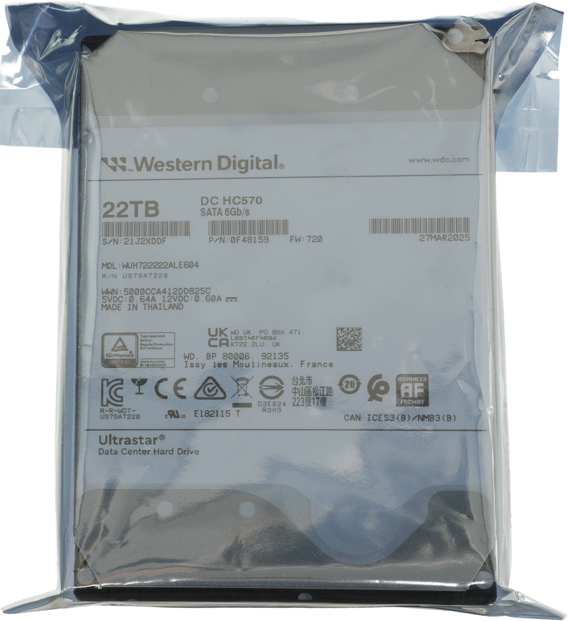 Жесткий диск WD SATA-III 22TB 0F48159 WUH722222ALE604 Server Ultrastar DC HC570 512E (7200rpm) 512Mb 3.5"