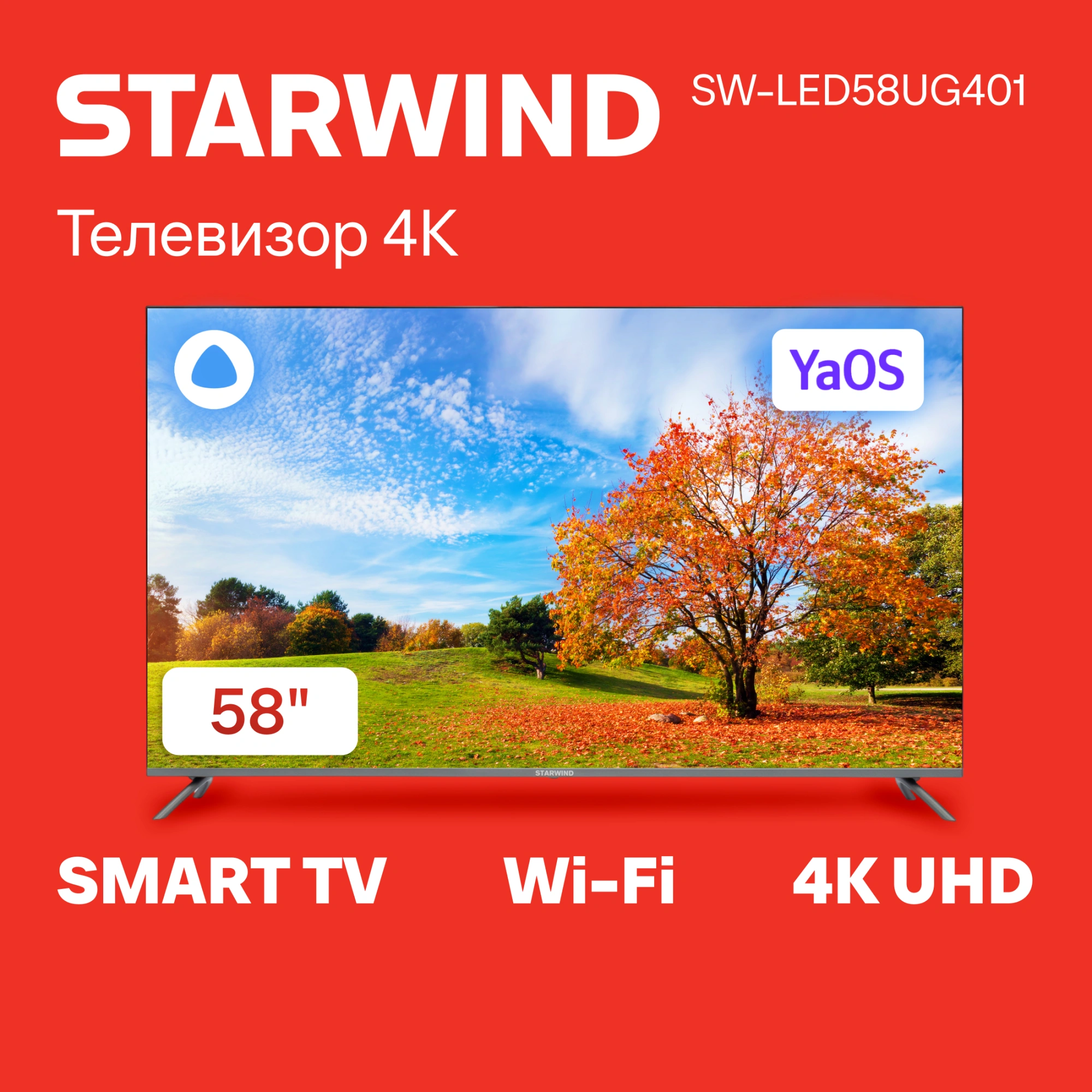 Телевизор LED Starwind 58" SW-LED58UG401 Яндекс.ТВ Frameless стальной 4K Ultra HD 60Hz DVB-T DVB-T2 DVB-C DVB-S DVB-S2 USB WiFi Smart TV