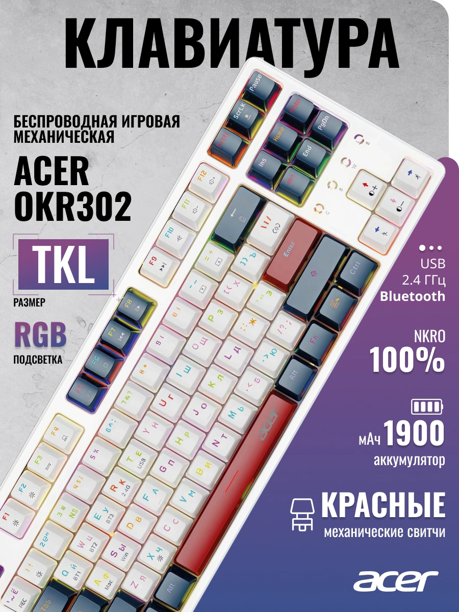 Клавиатура Acer OKR302 механическая белый USB беспроводная BT/Radio for gamer LED (ZL.KBDEE.016) кабель 1.6м