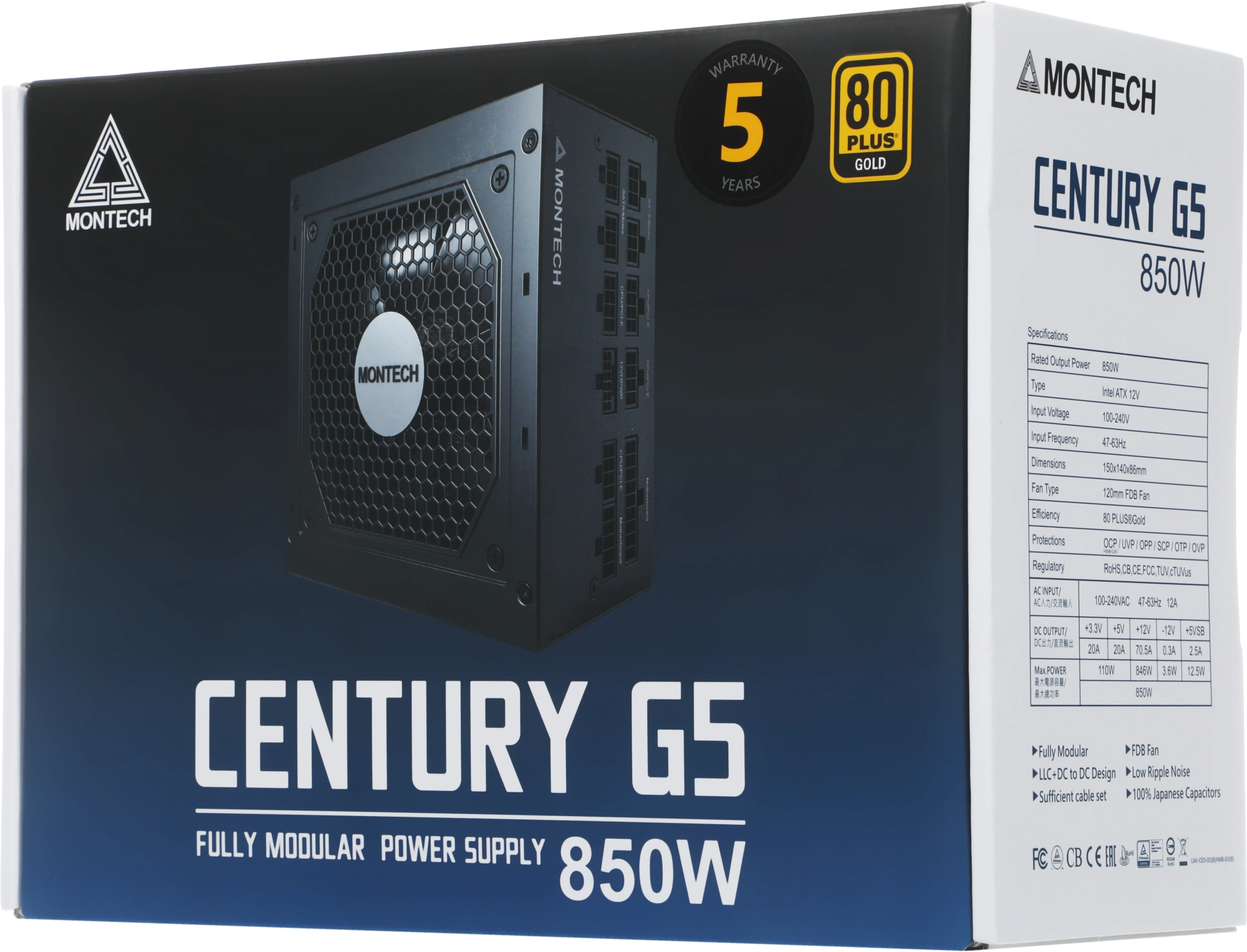Блок питания Montech ATX 850W CENTURY GOLD G5 80+ gold (20+4pin) APFC 120mm fan 10xSATA Cab Manag RTL