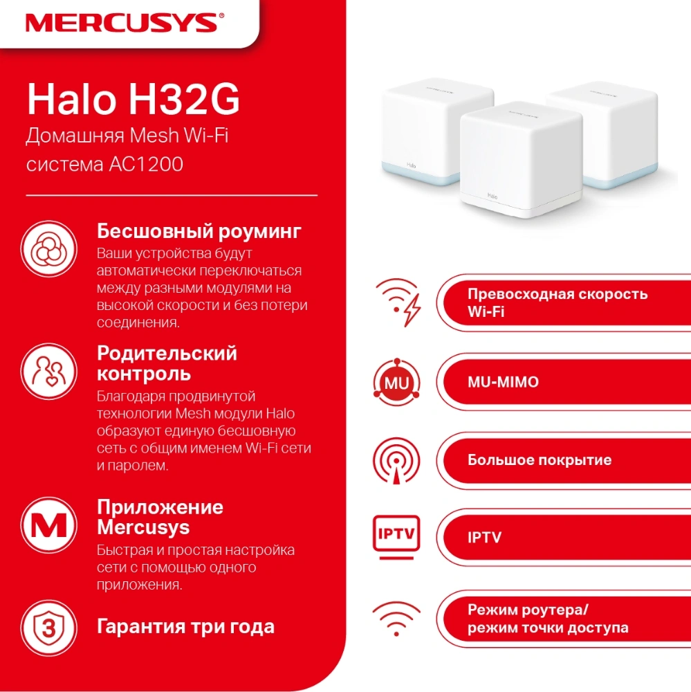 Бесшовный Mesh роутер Mercusys Halo H32G(3-pack) AC1200 100/1000/10000BASE-T белый (упак.:3шт)