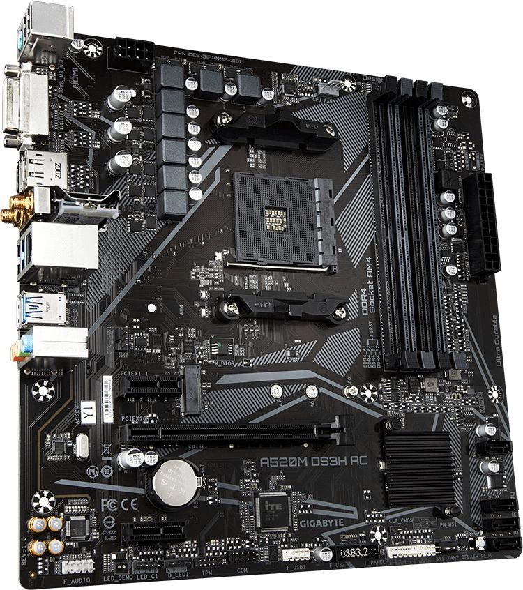 Материнская плата Gigabyte A520M DS3H AC Soc-AM4 AMD A520 4xDDR4 mATX AC`97 8ch(7.1) GbLAN RAID+HDMI+DP