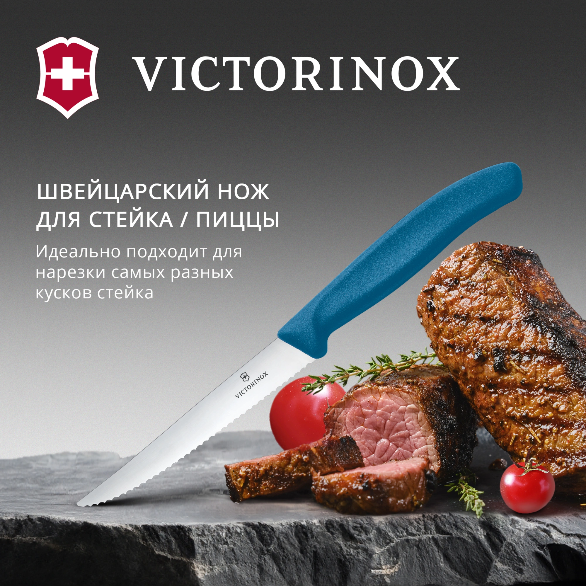 Нож кухонный Victorinox Swiss Classic 6.7232.C1 для стейка/пиццы лезв.110мм серрейт. заточка синий