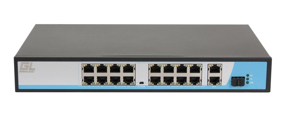 GL-SW-F005-16P - Коммутатор NIKOMAX, неуправляемый, 16 PoE (802.3af) порта 10/100Мбит/с до 250 метров cat.6, 2 * 10/100/1000BaseT + 1 SFP 1000Мбит/с, 300Вт