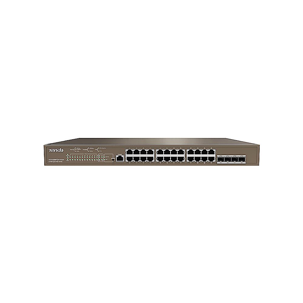 Tenda TEG5328P-24-410W - Коммутатор PoE управляемый Layer-3, 24 порта PoE 10/100/1000 Мбит/с Base-T Ethernet + 4 порта Base-X SFP 1000 Мбит/с и 1 Консольный порт. Бюджет PoE до 370 Вт, грозозащита портов 6 кВ.