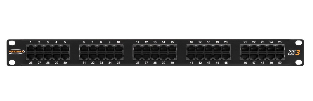 NMC-RP50UC3-1U-BK - Коммутационная панель NIKOMAX 19", 1U, телефонная, 50 портов, Кат.3 (Класс C), 16МГц, RJ45/8P6C, 110/KRONE, с заземлением, с органайзером, черная.