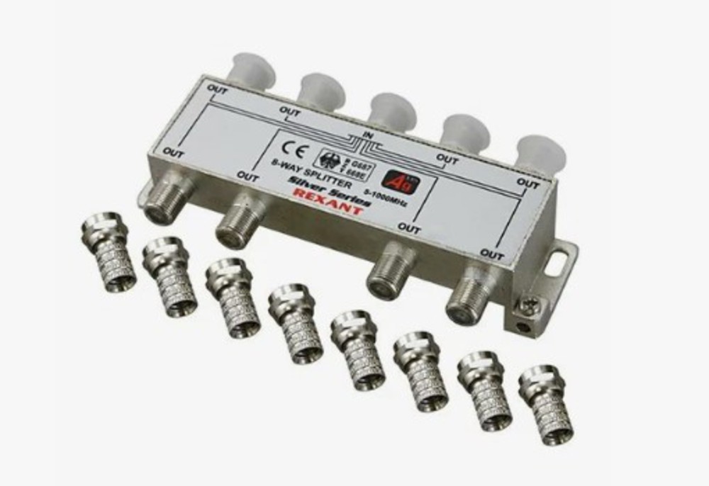 05-6105 - Делитель ТВ х 8 + 9шт. F "BOX" 5-1000 МГц "Silver" REXANT