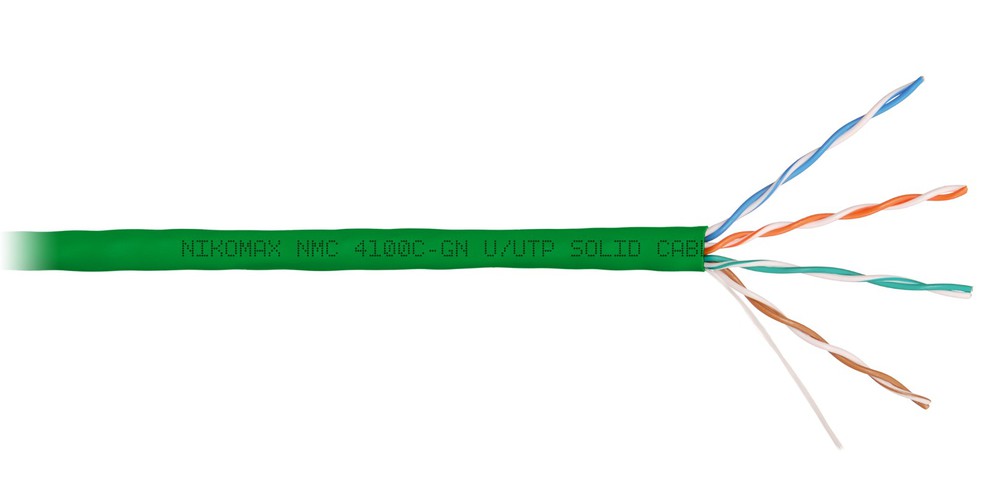 NMC 4100C-GN - Кабель NIKOMAX U/UTP 4 пары, Кат.5e (Класс D), тест по ISO/IEC, 100МГц, одножильный, BC (чистая медь), 24AWG (0,51мм), полимерный материал нг(А)-HF, внутренний, зеленый, 305м - гарантия: 5 лет / 15 лет системная