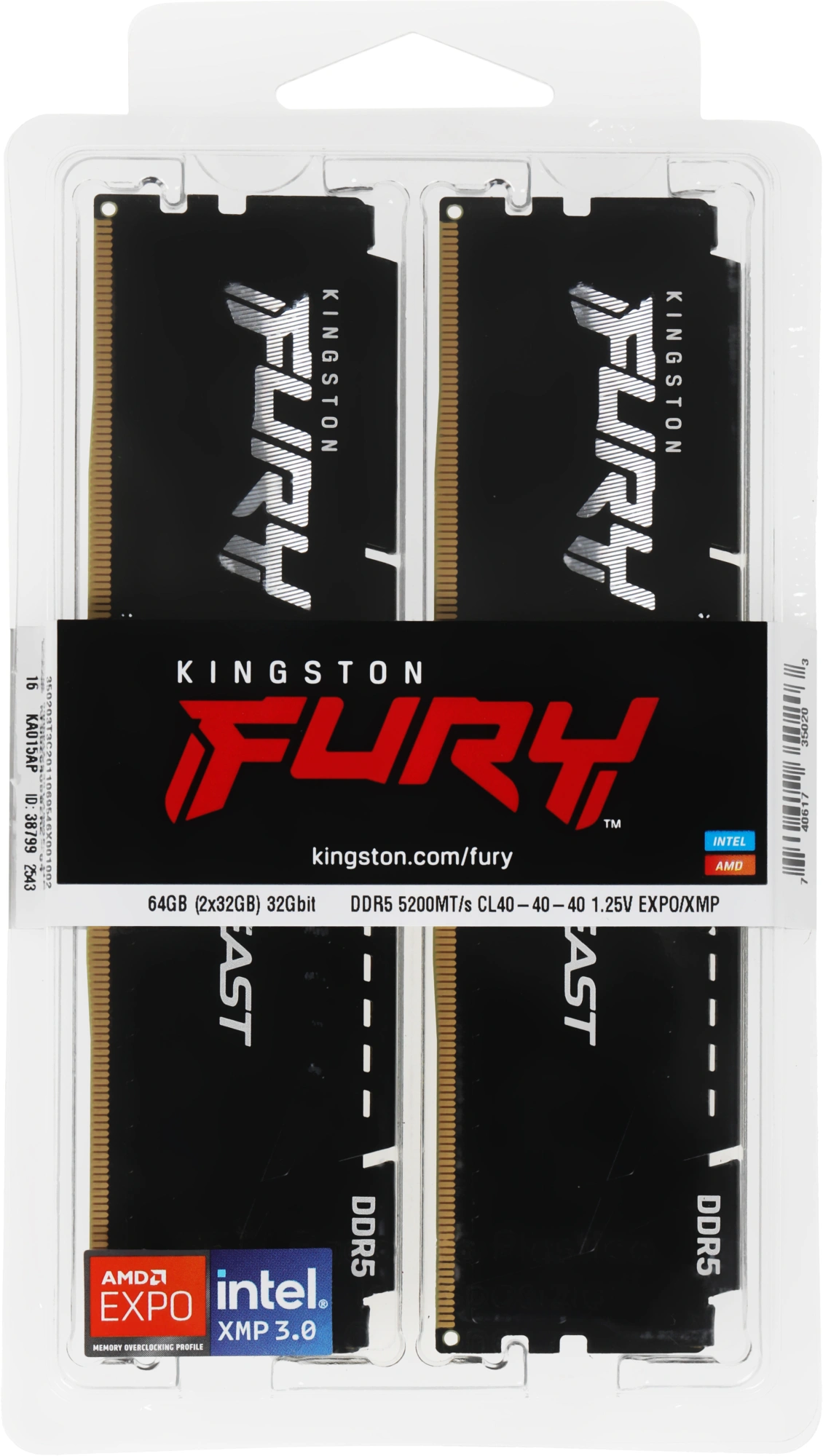 Память DDR5 2x32GB 5200MHz Kingston KF552C40BB2K2-64 Fury Beast Black Expo RTL Gaming PC5-41600 CL40 DIMM 288-pin 1.25В dual rank с радиатором Ret