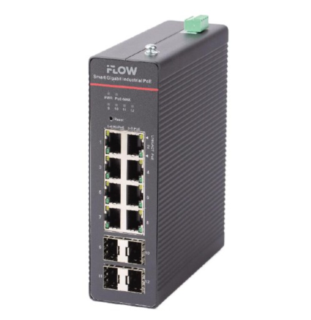 F-SW-IM612HPOE-PM-8G4GO - Смарт-управляемый промышленный PoE-коммутатор iFLOW. L2, 8 гигабитных портов RJ45 PoE, 4 гигабитных порта SFP,  802.3af/at/bt, порты 1-4 поддерживают Hi-PoE 90 Вт, PoE 300 Вт, облачное управление, VLAN, STP/RSTP /ERPS loop prefen