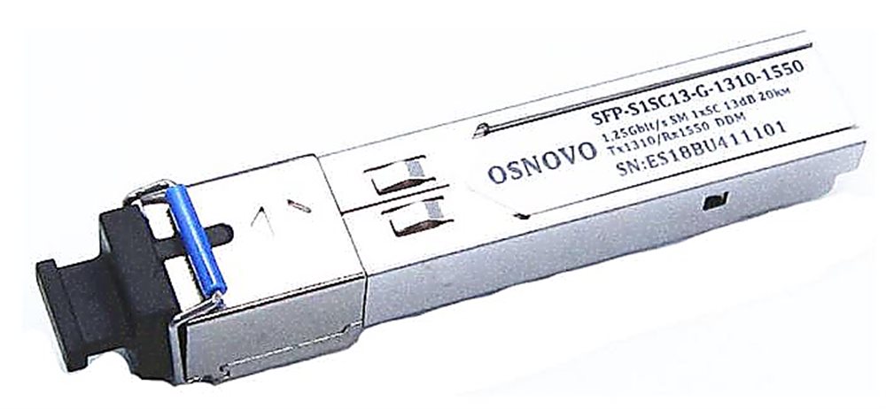 SFP-S1SC13-G-1310-1550 - SFP модуль OSNOVO работает в парах и предназначены для передачи данных со скоростью до 1.25 Гбит/с по одному волокну одномодового оптоволоконного кабеля на расстояние до 20км