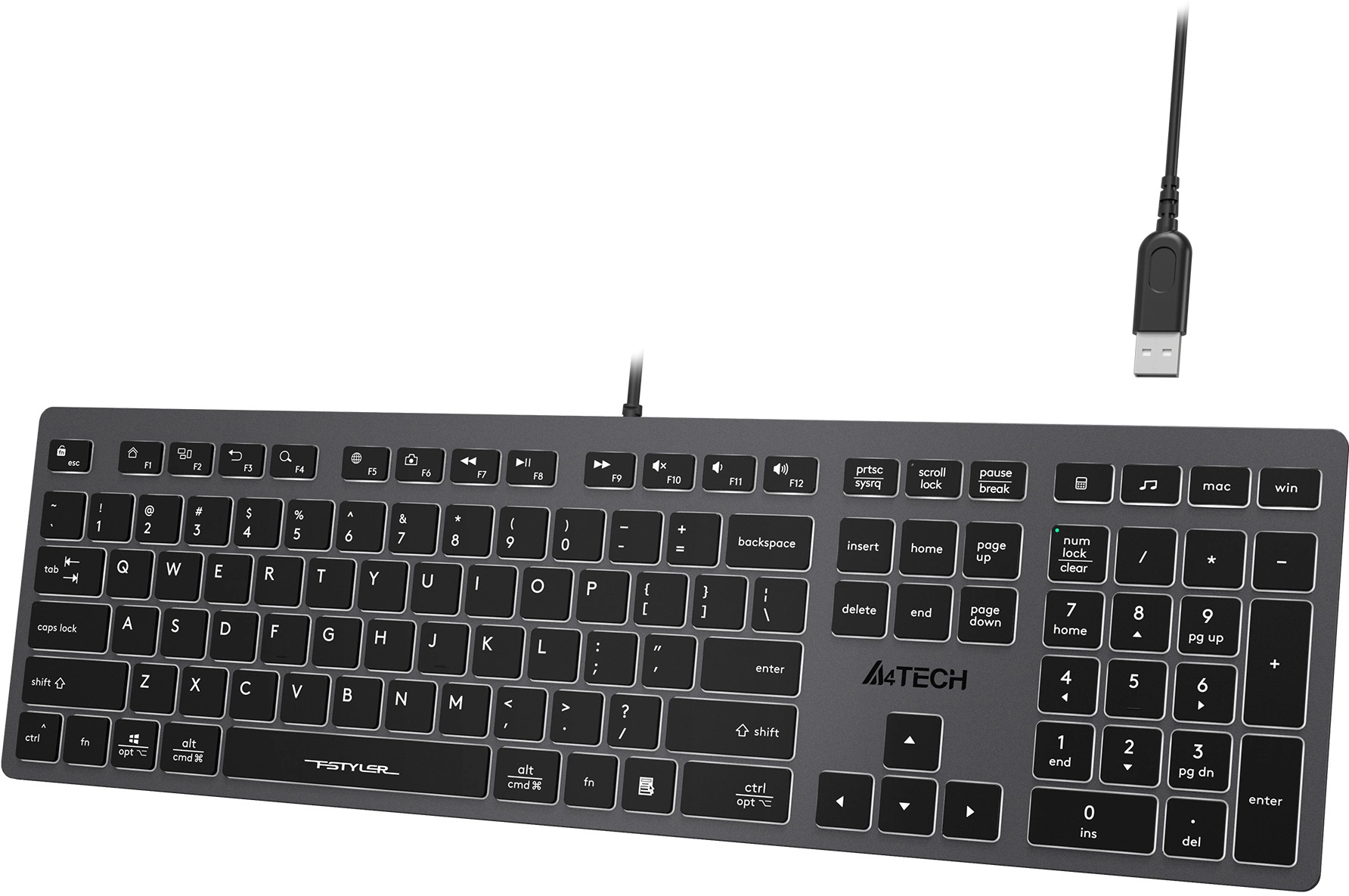 Клавиатура A4Tech FX60H серый USB slim LED (FX60H GREY/WHITE) кабель 1.5м