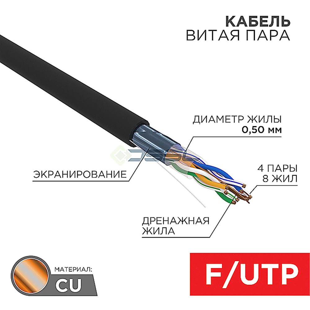 01-0165 - Кабель витая пара F/UTP, CAT 5e, ZH нг(А)-HF, 4PR, 24AWG, OUTDOOR, SOLID, черный, 305м, REXANT