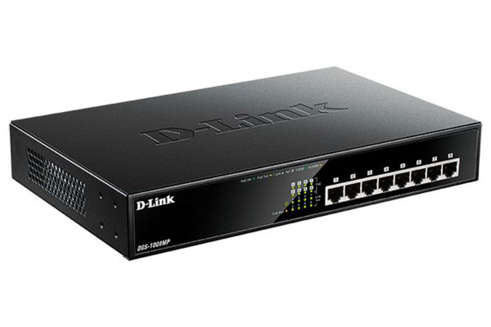 DGS-1008MP/B1A Неуправляемый коммутатор D-Link с 8 портами 10/100/1000Base-T с поддержкой PoE 802.3af/at (PoE-бюджет 125 Вт)