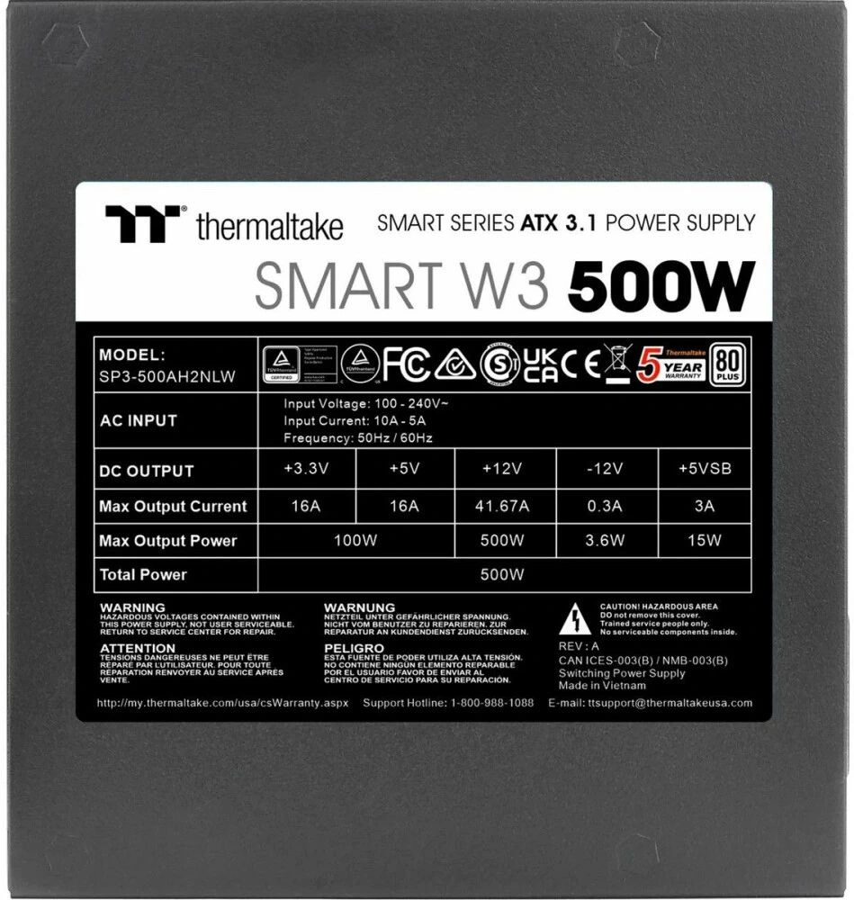 Блок питания Thermaltake ATX 500W Smart W3 Gen.5 80+ white (20+4pin) APFC 120mm fan 4xSATA RTL