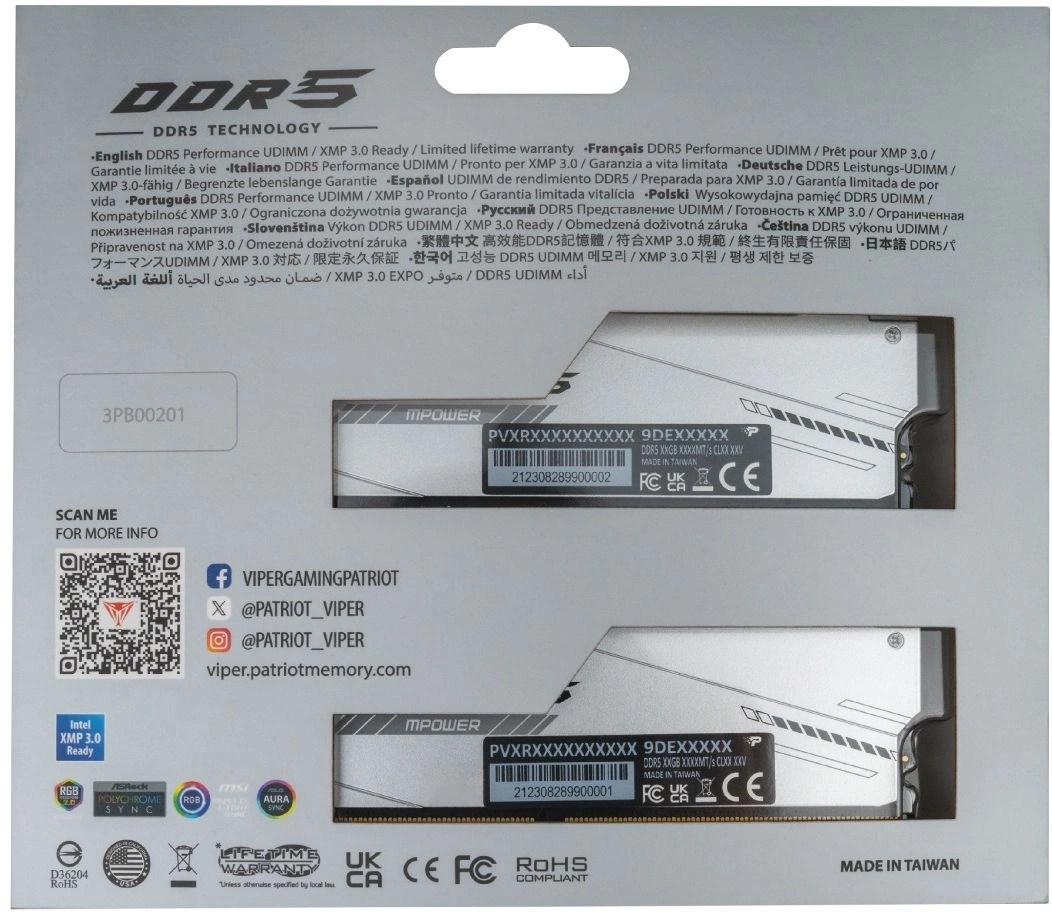 Память DDR5 2x24GB 6400MHz Patriot PVXR548G64C32KM Viper Xtreme 5 RGB RTL Gaming PC5-51200 CL32 DIMM 288-pin 1.4В с радиатором Ret