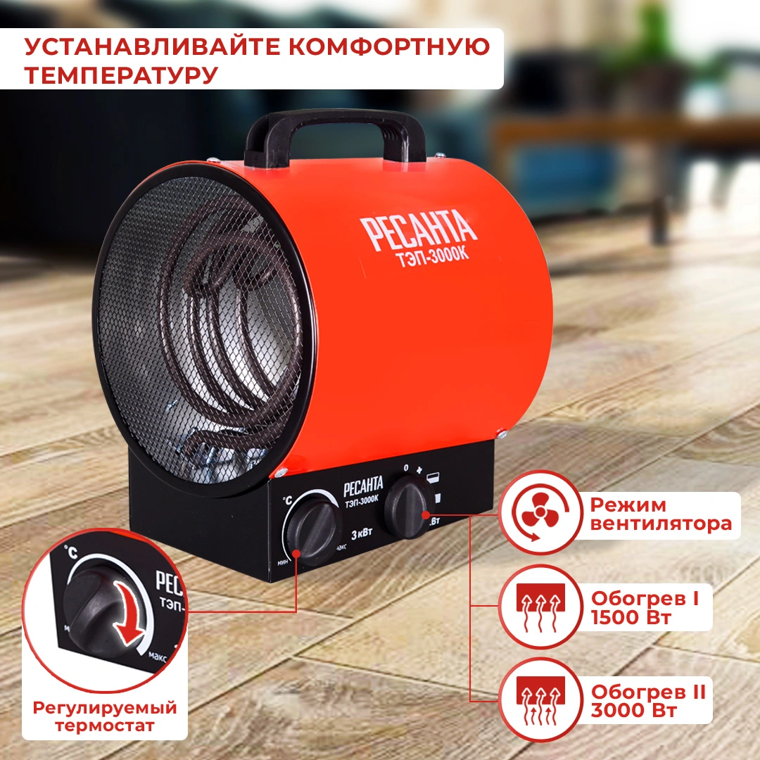 Тепловая пушка электрическая Ресанта ТЭП-3000К 3000Вт красный