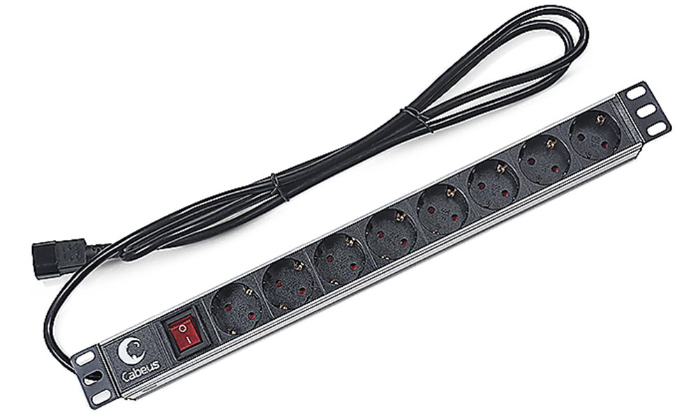 Cabeus PDU-8P-2IEC - Блок евророзеток для 19" шкафов, горизонтальный, 8 розеток, 10 A, выключатель, алюминиевый корпус, шнур 2 М, вилка IEC 320 C14