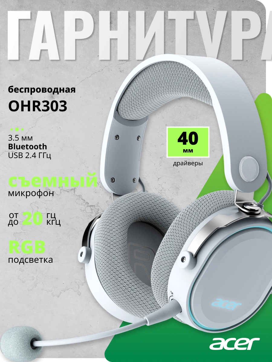 Наушники с микрофоном Acer OHR303 белый мониторные BT/Radio/3.5mm оголовье (ZL.HDSEE.00A)