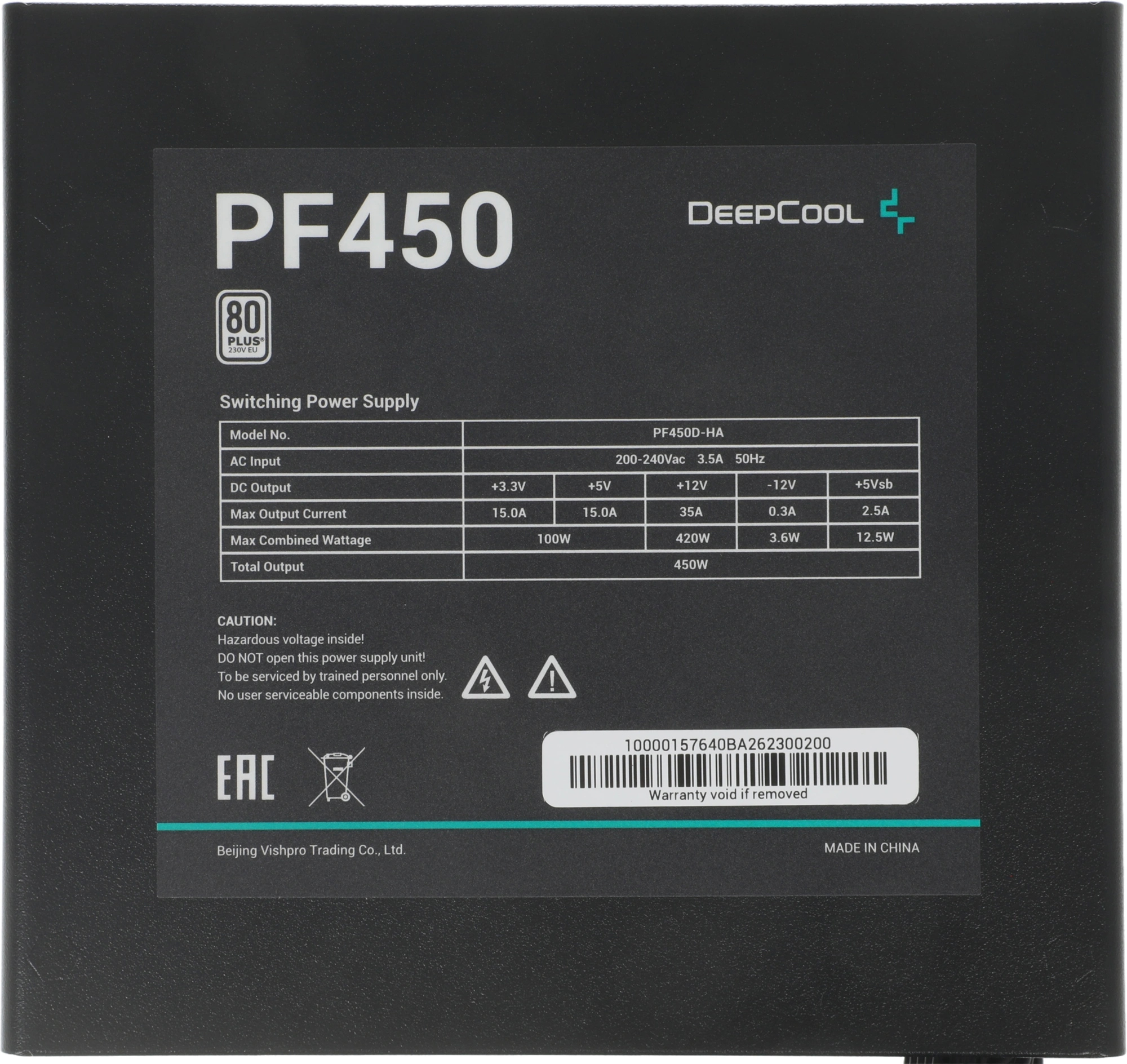 Блок питания Deepcool ATX 450W PF450 80+ white (20+4pin) APFC 120mm fan 6xSATA RTL
