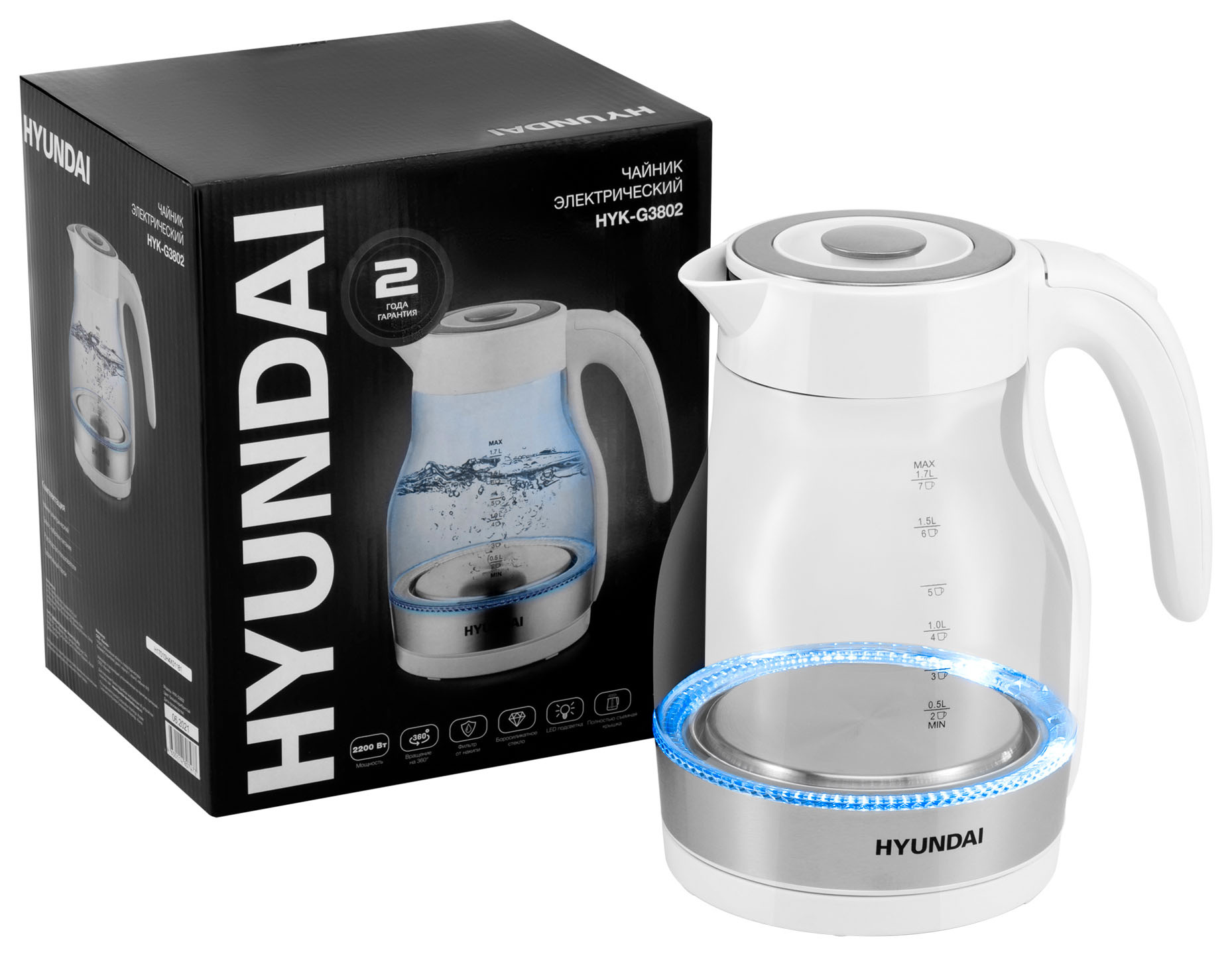 Чайник электрический Hyundai HYK-G3802 1.7л. 2200Вт белый/серебристый корпус: стекло