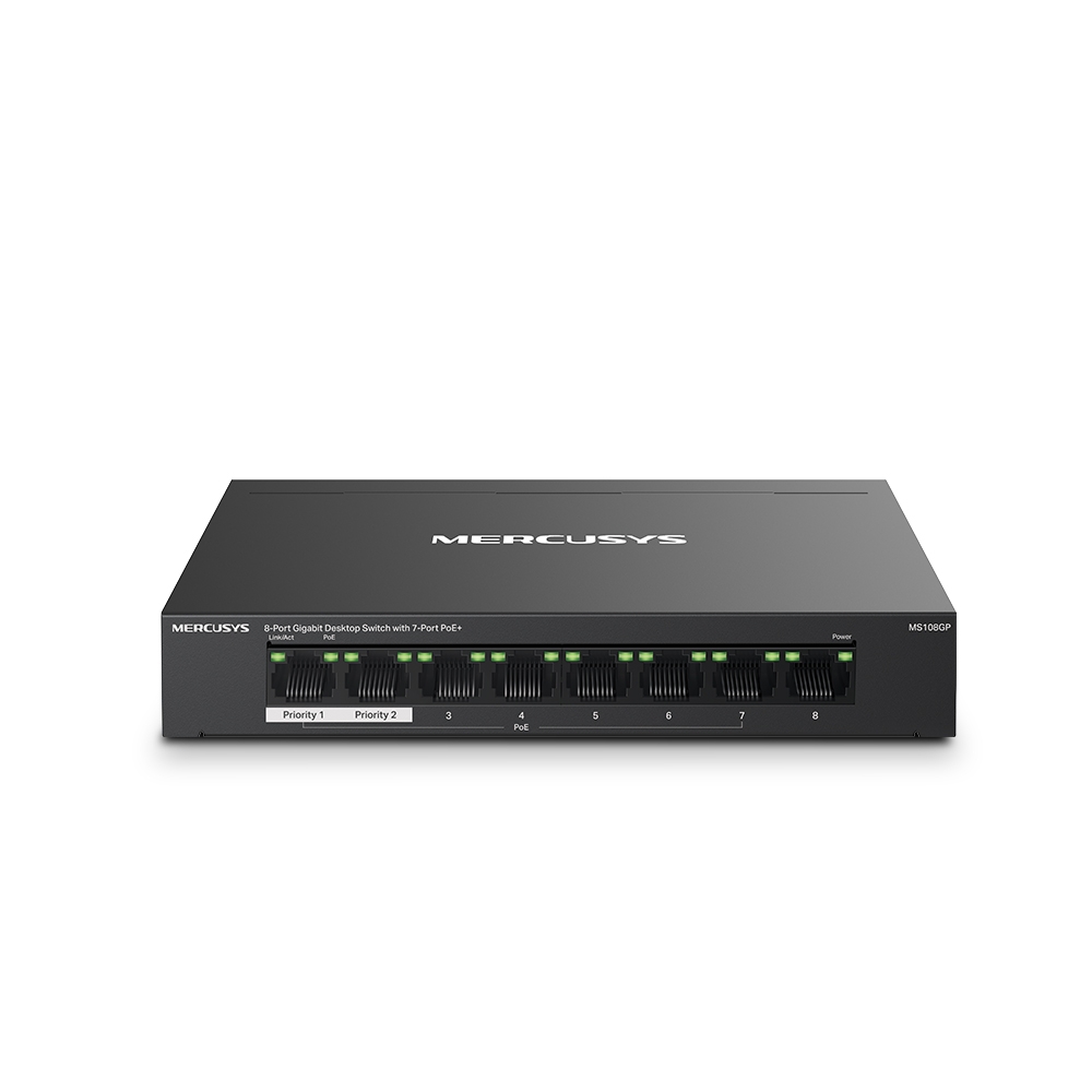 MS108GP - 8-портовый настольный гигабитный коммутатор с 7 портами PoE+. Порты: 7 х гигабитных порта PoE+, 1 х гигабитный порт без PoE, Mercusys